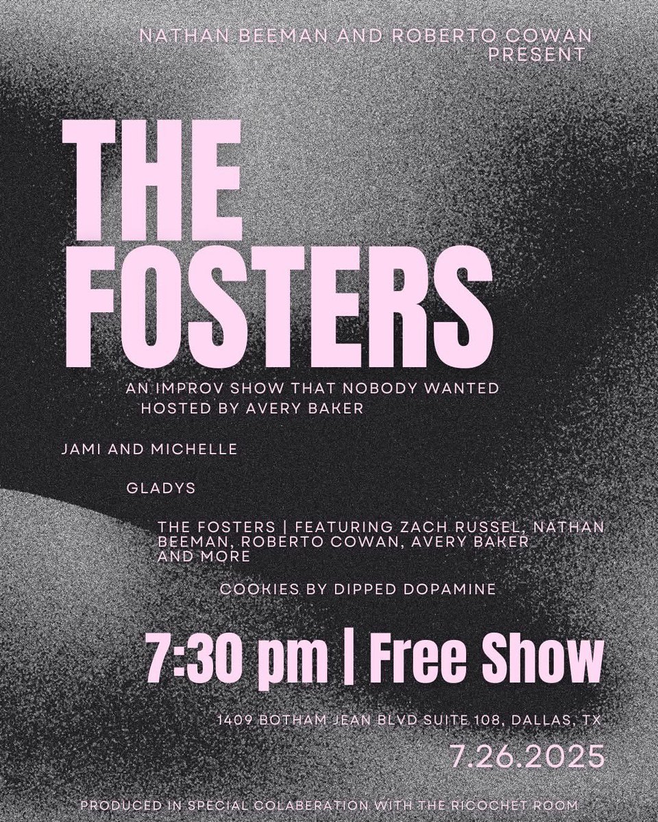 An improv show that nobody wanted… so we made it anyway.

🎤 Hosted by Avery Baker
🍪 Free cookies by Dipped Dopamine
📍Dallas | 7:30 PM | FREE
🗓️ July 26, 2025
📍1409 Botham Jean Blvd Ste 108
Poster says it all👇 
#ImprovComedy #DallasEvents #FreeShow