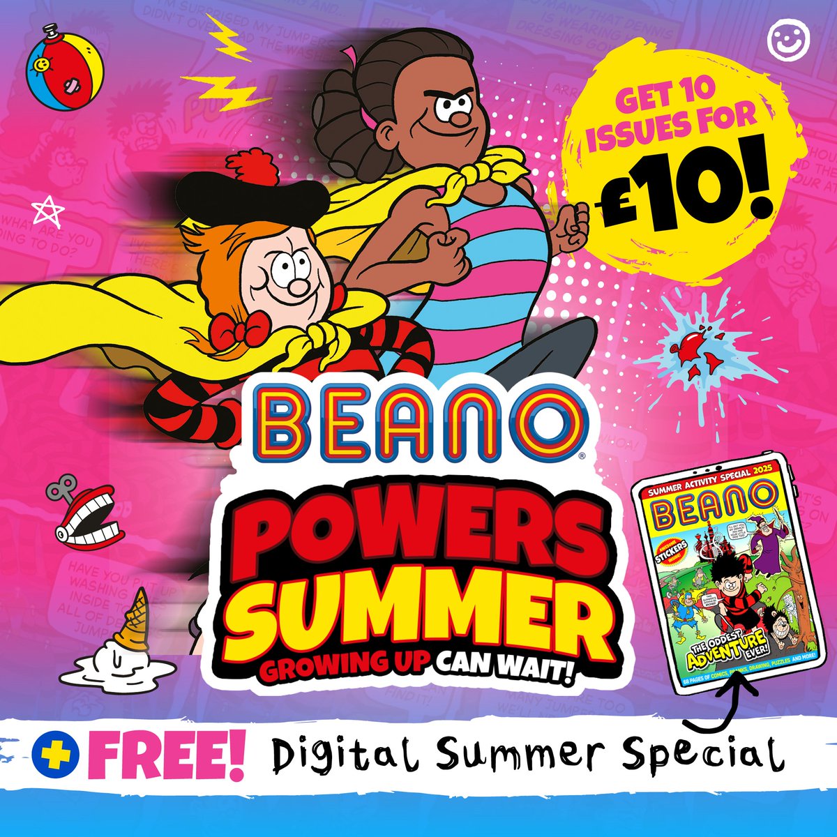 BeanoOfficial's tweet image. Bring in the summer LOLs with Beano! ☀️
Picture the look on your mini-mischief's face when their favourite comic arrives at the door every week! Growing up can wait! 😆
Subscribe now to grab this blamtastic offer 👉 eu1.hubs.ly/H0lXF_q0