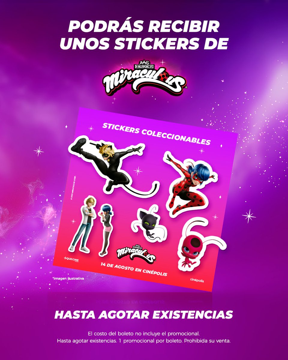 MasQueCineLatam's tweet image. ❤️ Yo lo manifesté y se volvió realidad: al entrar a tu función de Miraculous en Cinépolis podrás obtener estos stickers conmemorativos. ¡Te espero este 14 de agosto! 🐞
Importante: el coleccionable es un obsequio de cortesía, con existencias limitadas y sujeto a disponibilidad…