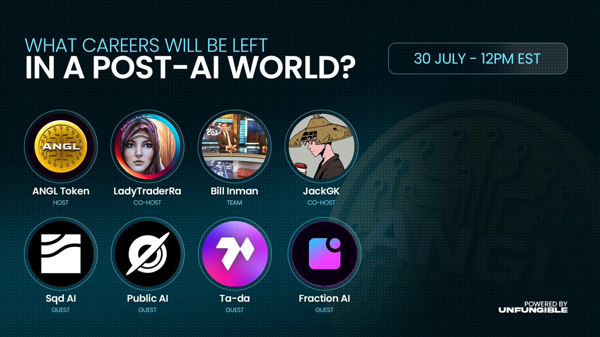 ANGL_Token's tweet image. 🧠 What Careers Will Be Left in a Post-AI World?
Insightful panel with thought leaders from the AI space.
🎙️ Join Us LIVE!
🗓️ 30 July | 12PM EST
📍 Hosted by: @LadyTraderRa, @JackGK_BTC, @BillInman
👥 Speakers:
@helloSQD
@PublicAI_
@Ta_da_io
@FractionAI_xyz
Set your reminders…