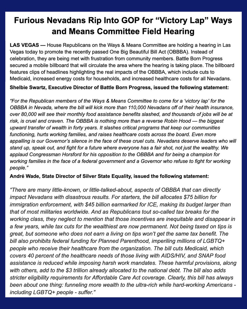 BattleBornProg's tweet image. House Republicans on the Ways & Means Committee are holding a hearing in Las Vegas today to promote the recently passed #OBBBA. Instead of celebration, they are being met with frustration from community members. Read everyone's statements here.