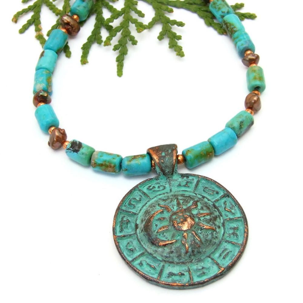 Mykonos Turquoise Patina on Copper #Zodiac Pendant #Necklace w/ Real #Turquoise &amp; Pearls!  via <a href="/ShadowDogDesign/">Catherine</a> #ShopSmall #Handmade #ZodiacNecklace      bit.ly/AsterismosSD