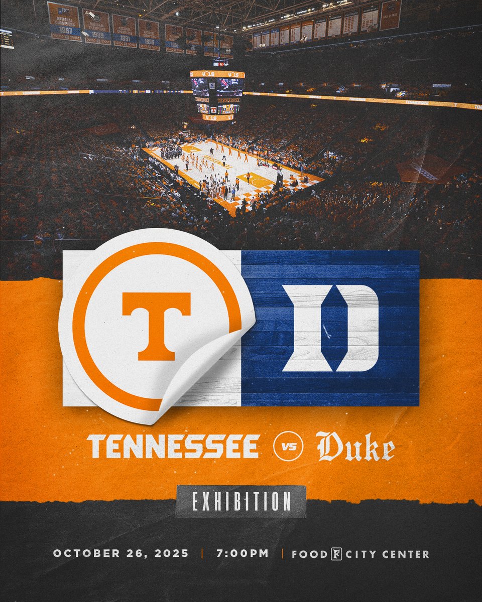 Vol_Hoops's tweet image. Volunteers. Blue Devils.
a marquee preseason matchup in Food City Center
game + ticket info β 1tn.co/416Zfum