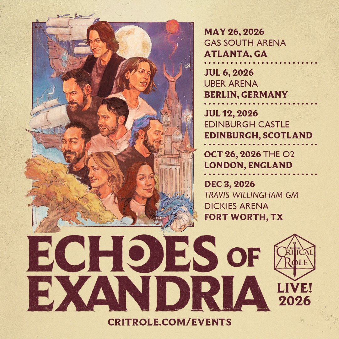 CriticalRole's tweet image. LIVE IN ATLANTA AND TRAVIS&apos; HOME TOWN, ALL THAT&apos;S MISSING IS YOU 🍑 🤠

Tickets for the US leg of our epic Echoes of Exandria LIVE tour are on sale RIGHT NOW! Find tickets below to join us for two legendary nights on:

🍑 May 26th, 2026 at the @GS_District in Atlanta, Georgia 🎟️…