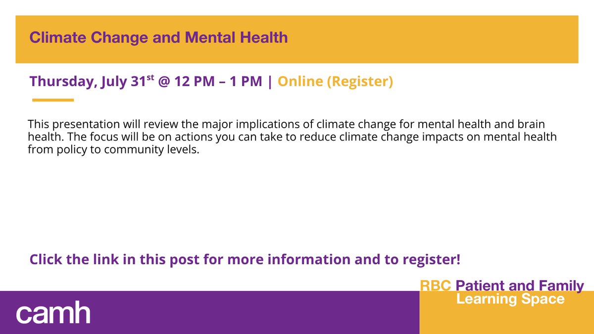 camhEdu's tweet photo. During this session, we'll examine the #mentalhealth and brain health impacts of climate change and actions that can be taken to reduce the mental health impacts of climate change at a policy and community level.

REGISTER:
https://t.co/f7f27Dml9W https://t.co/HxqV4RFqTt