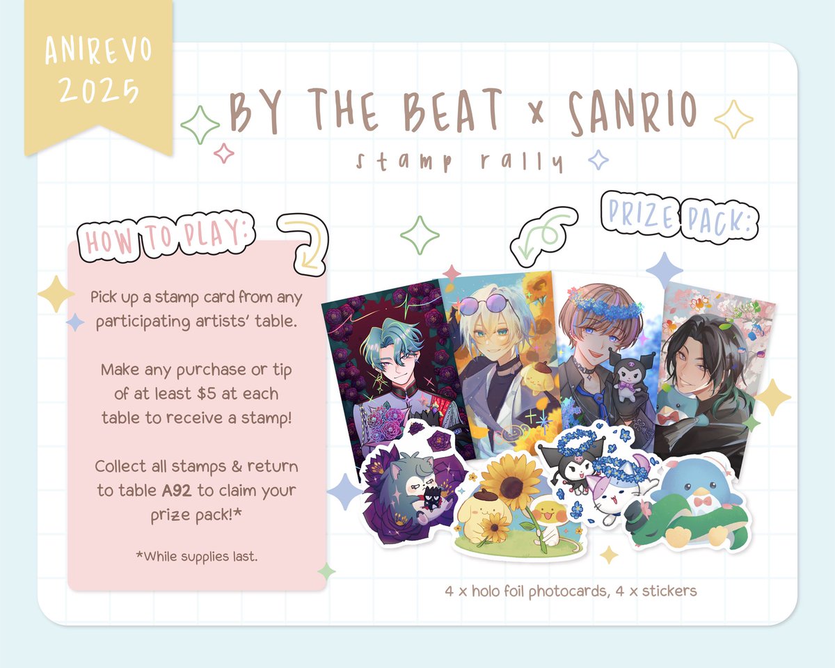 ruukabiii's tweet image. Come join our #BYTHEBEAT stamp rally at Anime Revolution 2025!

All prize packs include sets of holographic foil photocards and glitter stickers ✨ (LIMITED to 20 prizes, fcfs)

Rules and more info below 🧵⬇️

#anirevo #anirevo2025