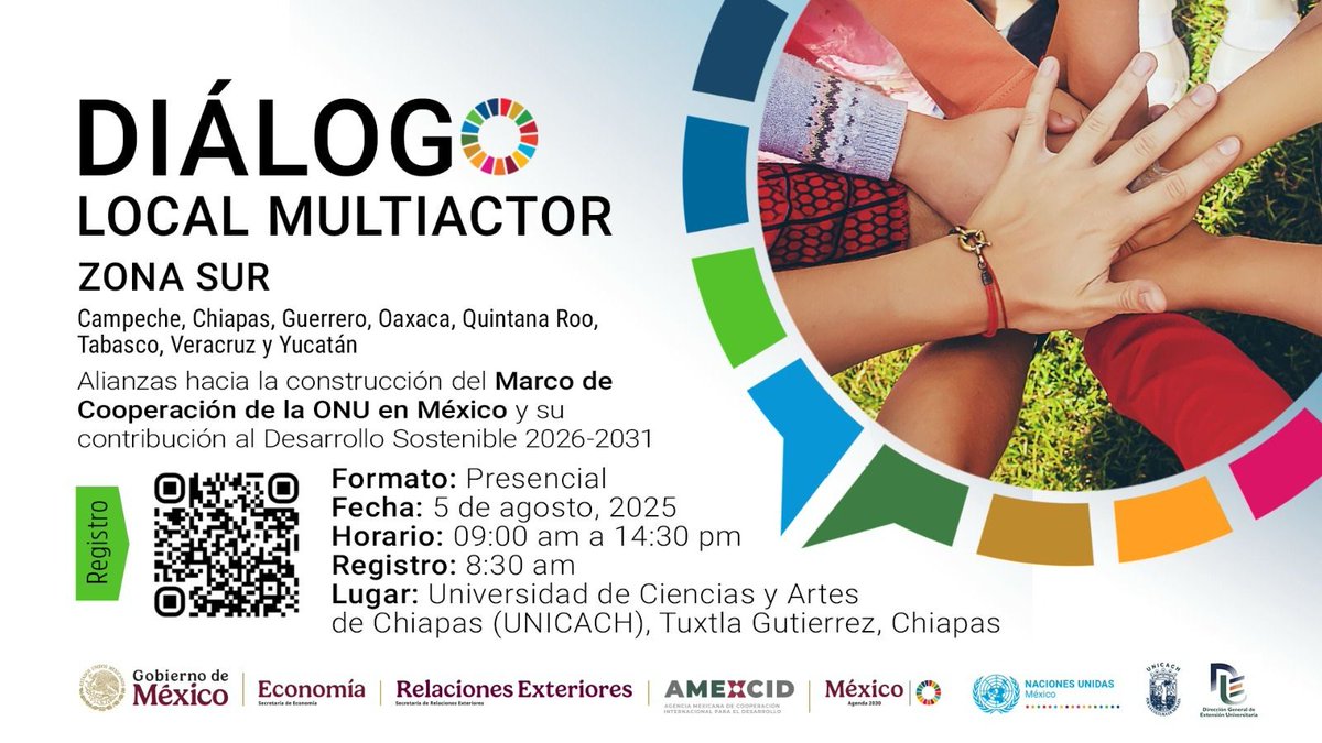 ONUMX's tweet image. 🤝 ¡Tu voz cuenta!
La @ONUMX y @gobmx te invitan al Diálogo Local Multiactor Zona Sur 🌎
🗓 5 de agosto | ⏰ 9:00 h
📍 UNICACH, Tuxtla Gutiérrez
📌 Participan 8 estados del sur
Contribuye al nuevo Marco de Cooperación 2026-2031.
👉 Regístrate: forms.gle/fzF8M1ukqVA7NT…