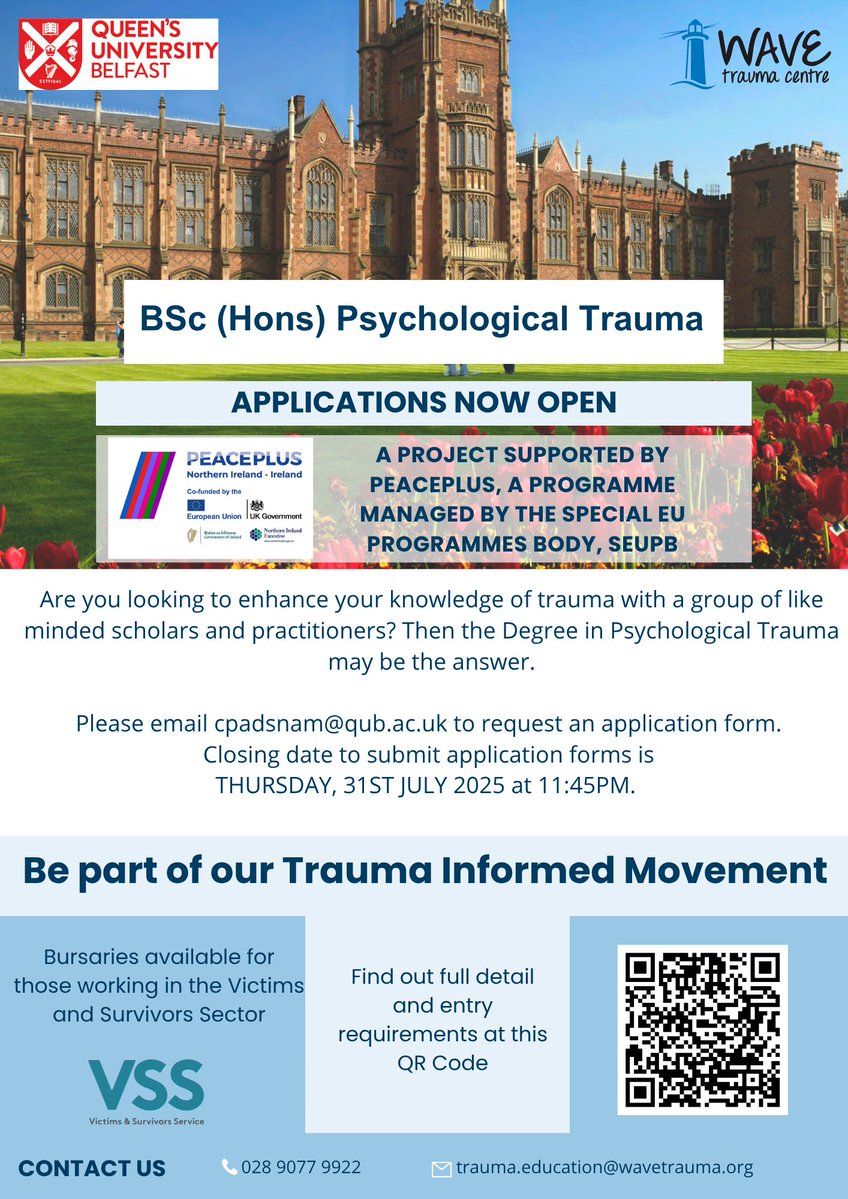 QUBSONM's tweet image. There's still time to apply for tBSc (Hons) Psychological Trauma
📧 Request a form: cpadsnam@qub.ac.uk
⏳ Deadline: 31 July 2025, 11:45PM
🔗 Info: qub.ac.uk/.../BScHonsPsy…