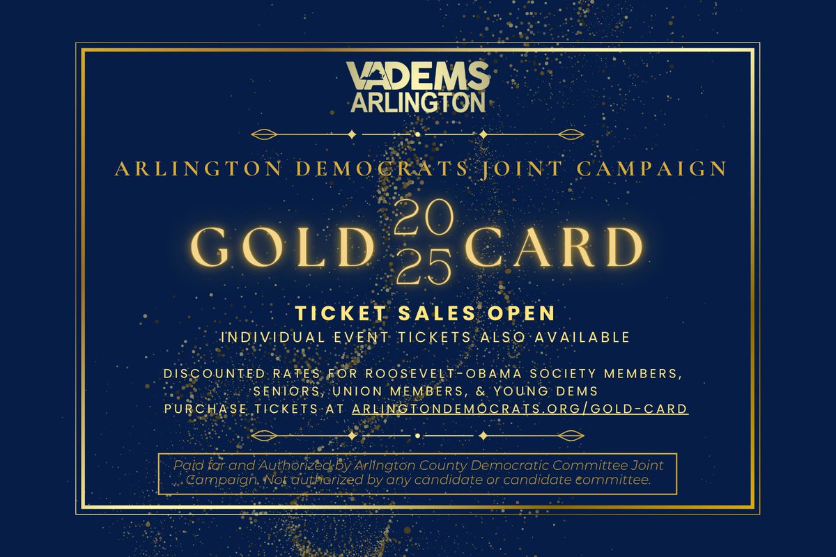 In Virginia this November, everything is on the line! Buy a 🎟️Gold Card🎟️ today to support our work to elect Democrats up and down the ballot.

The Gold Card gets you into all 4 big events this season- starting with the Labor Day Chili Cook-off! arlingtondemocrats.org/gold-card