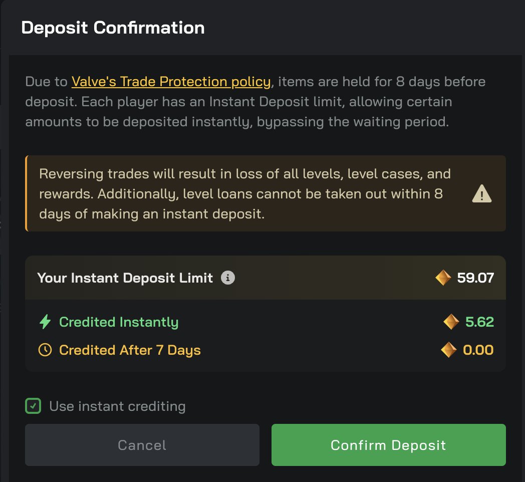 Instant Skin Deposits are BACK!!!

Only on Clash.gg for our players level 40+ you can now get a certain amount of instant skin deposits based on your level 💰

Don't wait 8 days to play anywhere else ⚡️

RT + CL-ID 100 gems to 5 users ⬇️