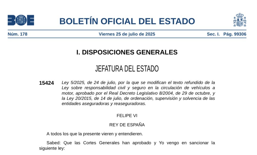 JavierLGSerrana's tweet photo. Una de las novedades más destacadas de la Ley 5/2025, publicada hoy en el BOE, es la aprobación de un seguro obligatorio, a partir del próximo dos de enero, para los #Vehículos #Personales #Ligeros (#patinetes), lo que es una respuesta necesaria para una nueva realidad social. https://t.co/Pq42I9ZvFR