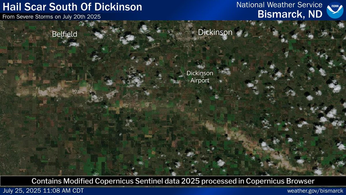 NWSBismarck's tweet photo. Severe storms on July 20th left this hail scar that began about 8-10 miles southwest of Belfield and extended east southeast to just south of the Dickinson Airport, then southeast to around 15 miles north of Mott. The length of this hail scar was approximately 42 miles. #NDwx https://t.co/dJF3yDoHen