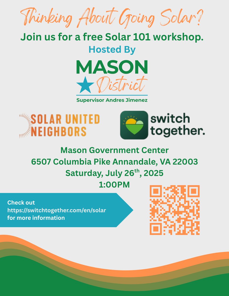 Mason District Supervisor Andres Jimenez (@masonsup_andres) on Twitter photo ๐ Thinking about going solar?
Join us this Saturday (7/26) at 1PM at the Mason District Governmental Center for a free Solar 101 workshop!
โ
Learn how rooftop solar works
โ
See if itโs right for your home
โ
Meet experts from <a href="/SolarNeighbors/">Solar United Neighbors</a>
๐ 6507 Columbia Pike, Annandale ๐ Thinking about going solar?
Join us this Saturday (7/26) at 1PM at the Mason District Governmental Center for a free Solar 101 workshop!
โ
Learn how rooftop solar works
โ
See if itโs right for your home
โ
Meet experts from <a href="/SolarNeighbors/">Solar United Neighbors</a>
๐ 6507 Columbia Pike, Annandale