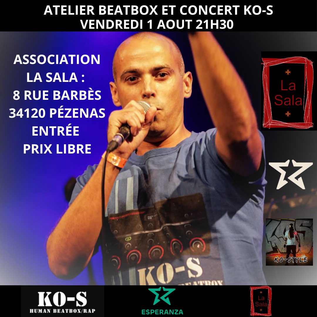 KOSHumanBeatBox's tweet image. Les associations LA SALA et ESPERANZA présentent :
Un atelier de Beatbox traduit en occitan suivi du concert de KO-S, le vendredi 1 Aout 2025 à 21h30.
Venez découvrir les techniques de l'art du Human Beatbox. #atelier #concert #beatbox #rap #pezenas