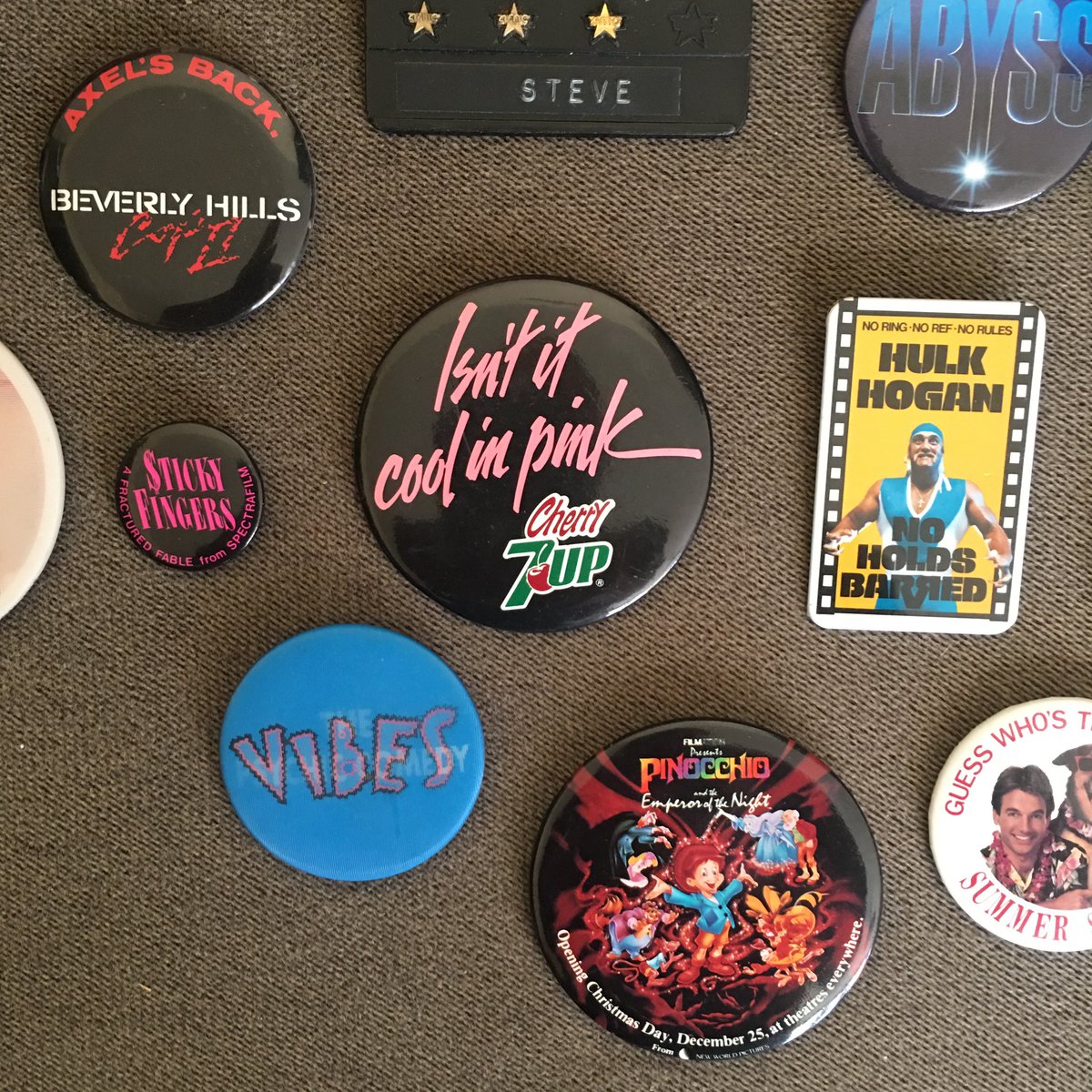 stevehatguy's tweet image. A sampling from my movie button collection, worn proudly on my vest while ushering at the AMC Central Park 7 in Plano, Texas during the late 80s!