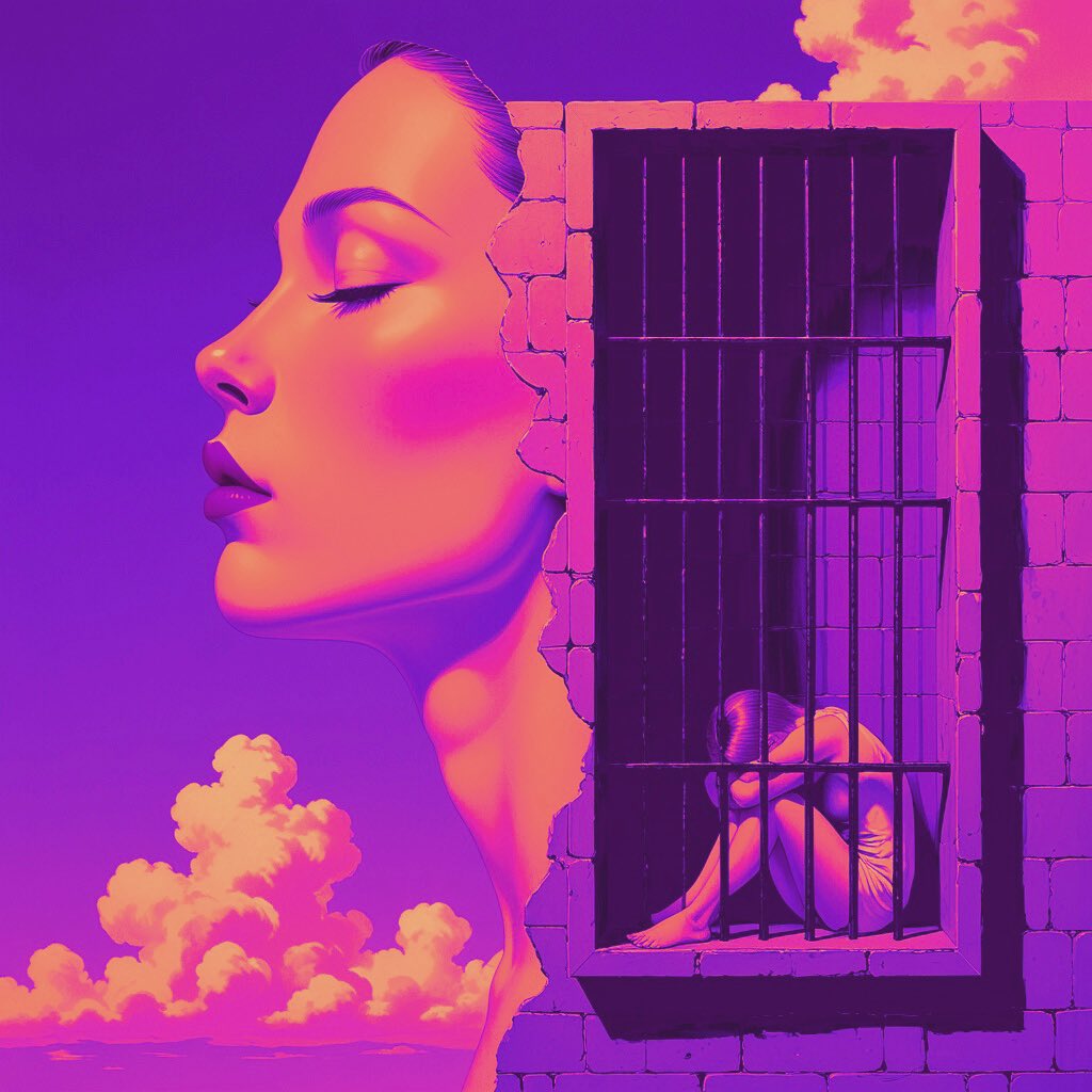 munahanart's tweet image. Prisoner of the Mind
The woman in the image may appear free, but she is imprisoned not by chains, but by thought. The cage resting on her head is a metaphor for mental captivity; for memories, fears, and silent scars that live within