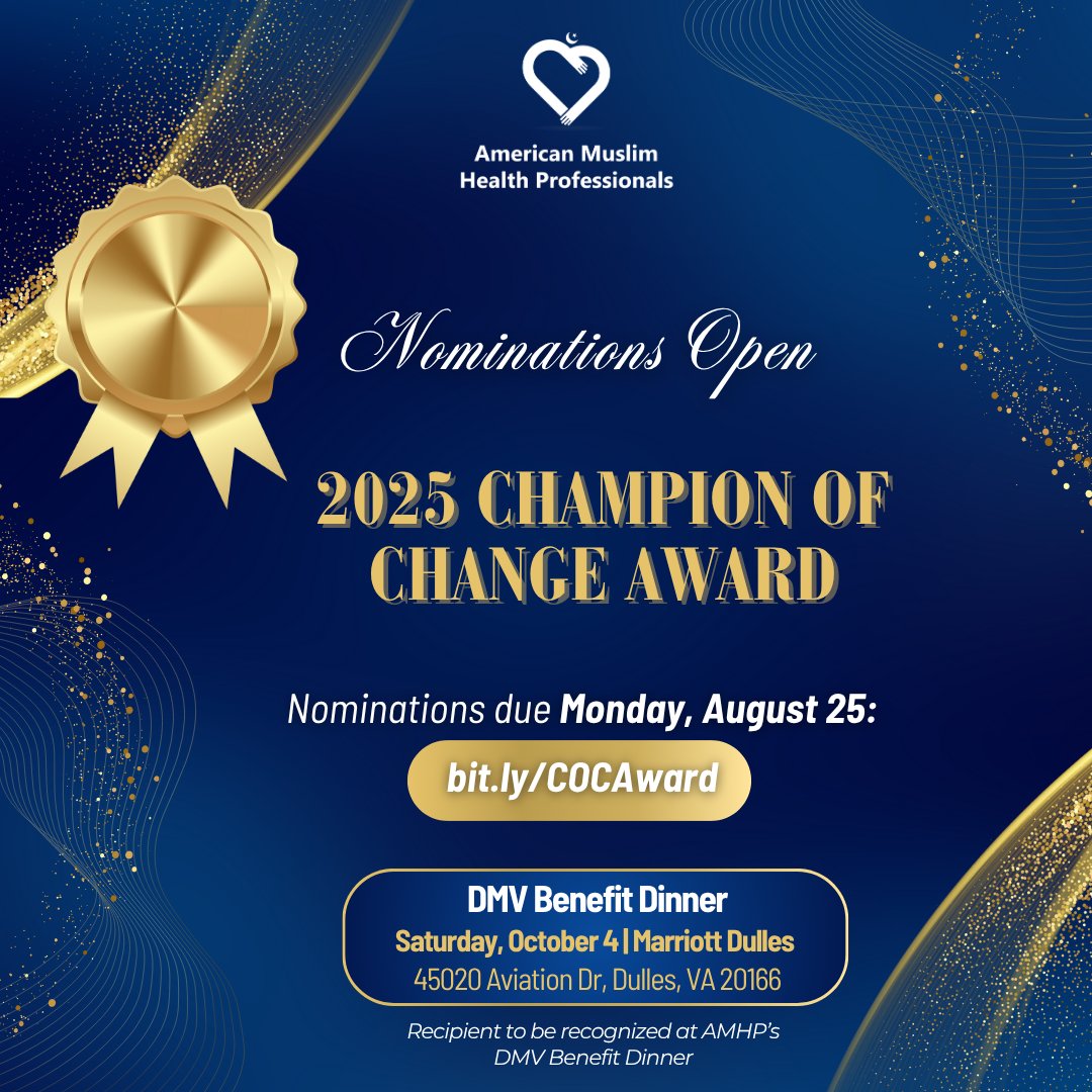 Know someone or an organization in the DMV area doing outstanding work in public health? Nominate them for the 🏆 Champion of Change award!

📝 Nominations due Monday, August 25: bit.ly/COCAward

AMHP Benefit Dinner
October 4
Marriott Dulles
🎟️ amhp.us/event/dinner