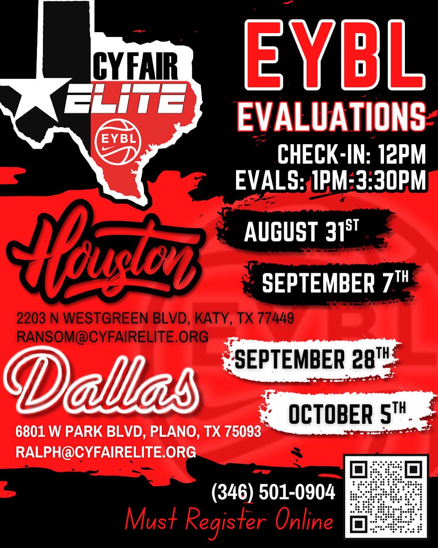 CFEliteSports's tweet image. Nike Girls EYBL Evaluations - SAVE THE DATES BELOW 👇
Do Not Miss your Opportunity to Join the
Family ❤️💙
#cyfairelite
