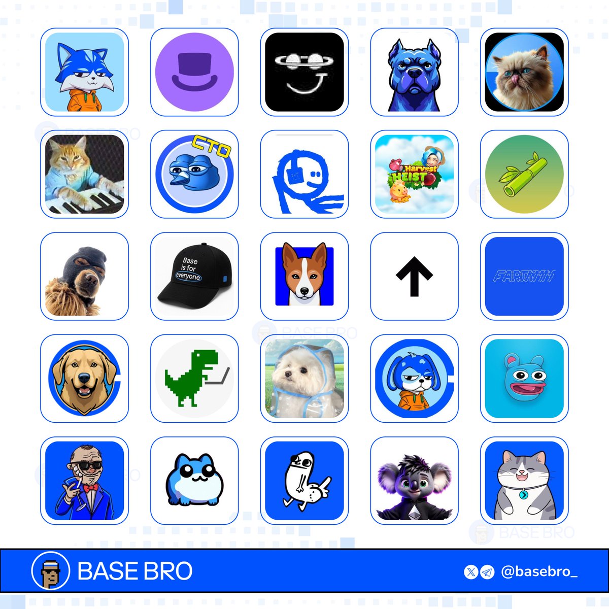 basebro_'s tweet image. Which Base memecoins are you rooting for? 🟦👇
$TOSHI $DEGEN $DRB $DOGINME $MIGGLES $KEYCAT $CRAPPY $MFER $HEIST $BAMBOO $SKI $BASEISFOREVERYONE $BENJI $HIGHER $FARTCOIN $AEROBUD $DINO $COAT $SATO $BRETT $BOOMER $TOBY $DICKBUTT $BEATS $MOEW