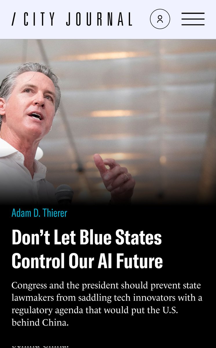 Adam Thierer (@adamthierer) on Twitter photo Trump did his job advancing national interests with the AI Action Plan. Now it's time for Congress to do theirs, starting with making sure Gavin Newsom & other Blue States do not get to control the national AI marketplace.
My latest for <a href="/CityJournal/">City Journal</a>:
city-journal.org/article/artifi… Trump did his job advancing national interests with the AI Action Plan. Now it's time for Congress to do theirs, starting with making sure Gavin Newsom & other Blue States do not get to control the national AI marketplace.
My latest for <a href="/CityJournal/">City Journal</a>:
city-journal.org/article/artifi…