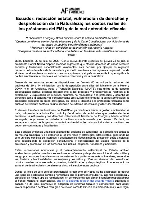 ElenaDeQuito's tweet image. Decreto 60 de Noboa elimina Ministerio de Ambiente y pone en riesgo derechos colectivos y de la naturaleza
Mediante Decreto Ejecutivo, el presidente Daniel Noboa suprimió el Ministerio de Ambiente, Agua y Transición Ecológica y transfiere sus competencias al Ministerio de…