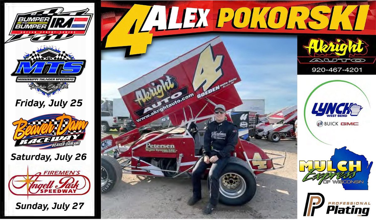 pedaldown69's tweet photo. The Alex Pokorski - Akright Auto Racing Team is set for a three-race weekend with the @IRA_sprints starting tonight - Friday, July 25 - at Mississippi Thunder Speedway followed by Beaver Dam Raceway on Saturday and Angell Park Speedway on Sunday.

Watch at https://t.co/1Za9cjfw29 https://t.co/FqVIUpzZuy