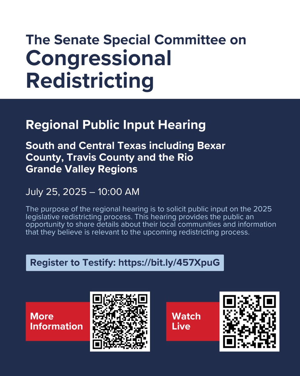 📣 REMINDER! Senate Redistricting Hearings have begun!

🎥 Watch live: senate.texas.gov/events.php 
 
🔴Happening now:

🔹Regional focus: South and Central Texas including Bexar County, Travis County &amp; the Rio Grande Valley regions

🧵
#txlege #redistricting #Texas