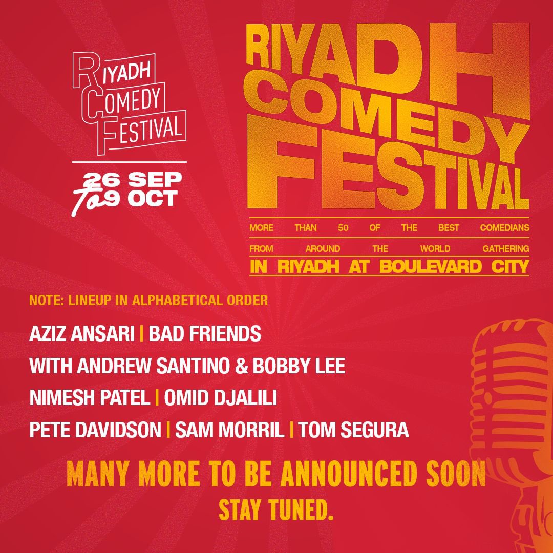 #مهرجان_الرياض_للكوميديا الأكبر على مستوى العالم بتعيشون فيه تجربة وأجواء مميزة مع كبار النجوم في بوليفارد سيتي 🔥
وراح نعلن عن أسماء نجوم جدد قريب 😎

🗓 26 سبتمبر - 9 أكتوبر 

#RiyadhComedyFestival , the world’s biggest comedy festival, bringing top stand-up stars and