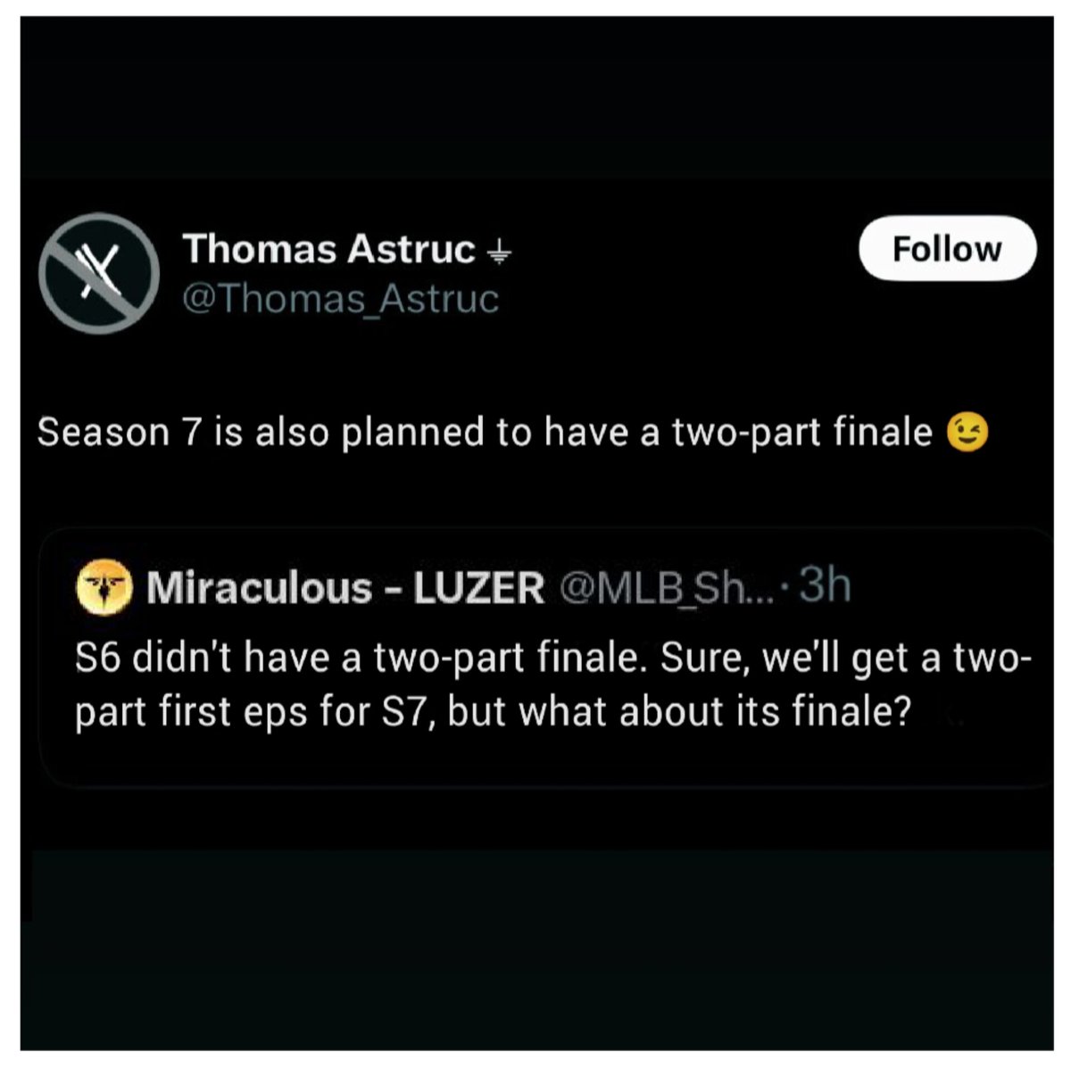 MLB_Shadybug1's tweet image. 🚨🚨 BREAKING: Thomas Astruc confirms that the final episode of Miraculous season 7 will be split into two parts.
#MiraculousNews #MLBS6Spoilers #MLB #mlbtwt #MiraculousSpoilers