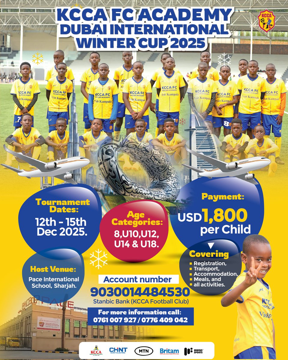 KCCAFC's tweet image. ✈️ KCCA FC Soccer Academy is heading to Dubai. 🇦🇪
@KCCAFCAcademy will feature at the Dubai International Winter Cup 2025. This is a golden opportunity for your child to represent the Academy on an international stage, gain exposure, and create memories of a lifetime.
📌…