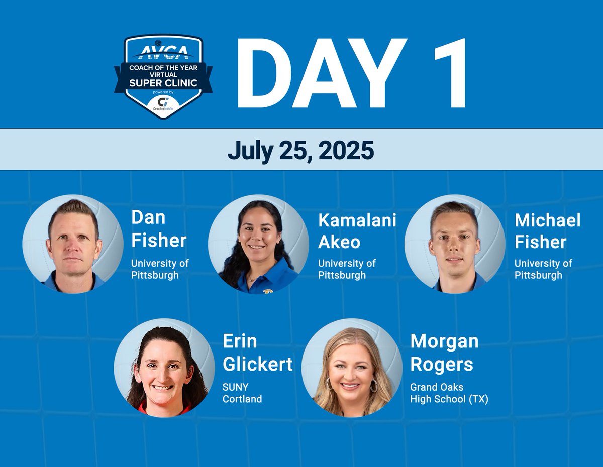 🏐 Get ready to kick off DAY 1 of the AVCA Coach of the Year Super Clinic! 🏐

Hear from 2024 Division I Women's Coach of the Year Dan Fisher and other Pittsburgh staffers, and check out sessions led by Erin Glickert and Morgan Rogers.

Watch here👉 avca25.coachesinsider.com