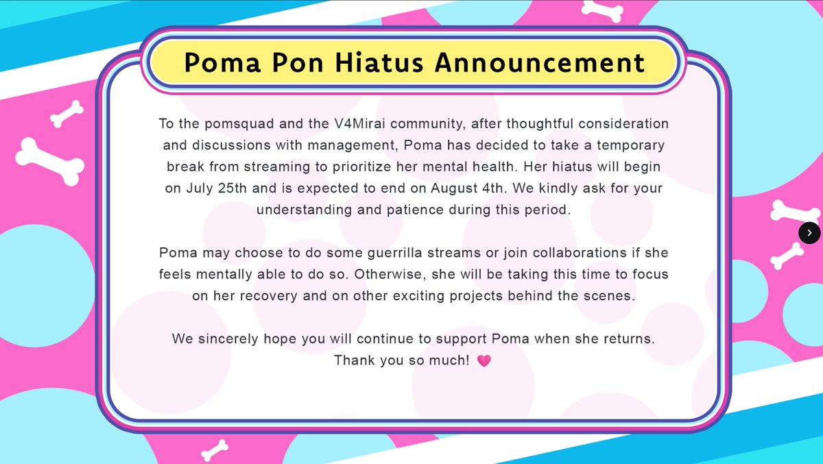 V4Mirai's tweet image. 【 Poma Pon Temporary Hiatus 】
Hello Pomsquad and classmates. Poma Pon will be taking a temporary hiatus from July 25th to August 4th to focus on her mental health. Thank you for your understanding! We hope you’ll continue to cheer her on.