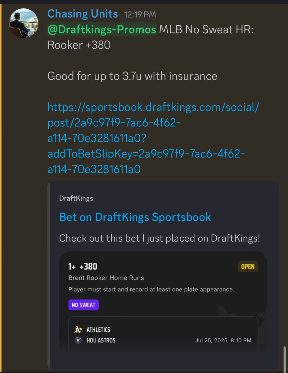 ChasingUnits_'s tweet image. DraftKings MLB No Sweat HR: Brent Rooker +380