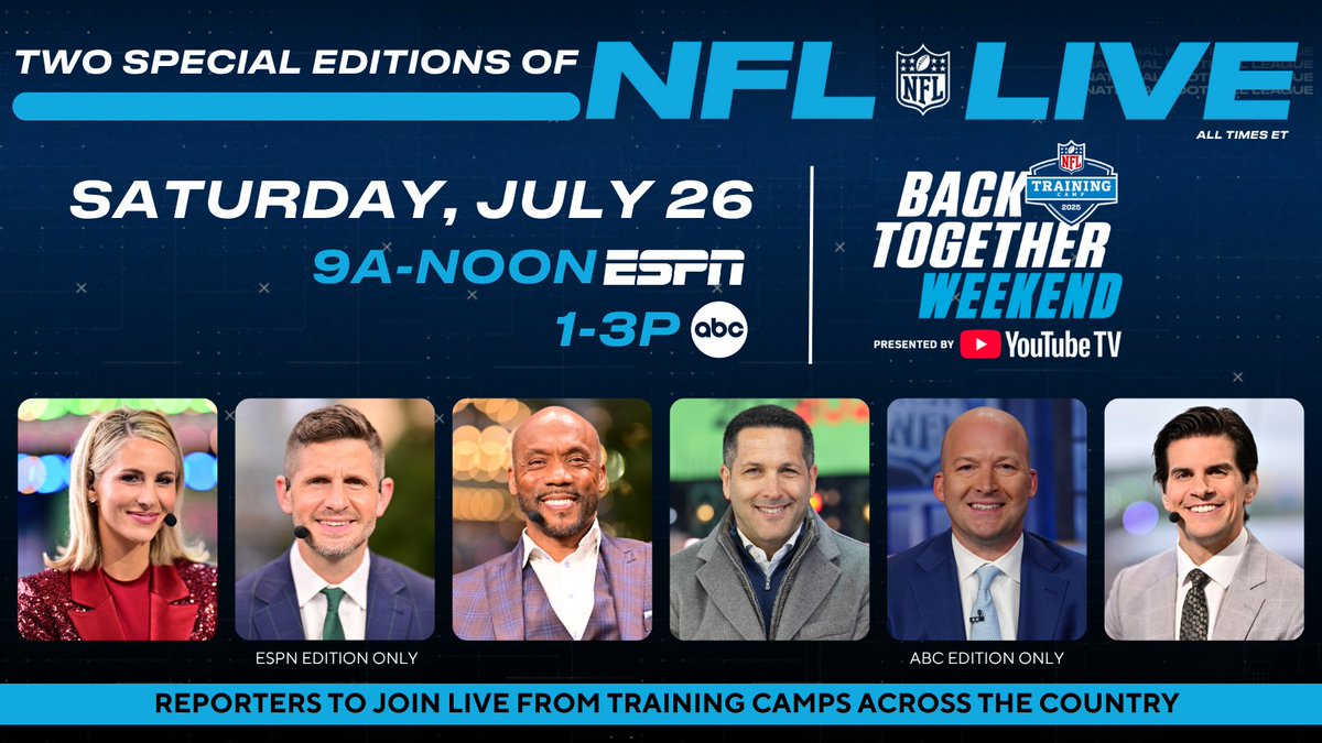 ESPN PR (@espnpr) on Twitter photo #NFL teams are together again!
Saturday, ESPN brings fans 5 hrs of dedicated <a href="/ESPNNFL/">NFL on ESPN</a> coverage - with 2 special editions of 'NFL Live: Back Together Weekend'
🏈9a-Noon ET | ESPN
🏈1-3p ET | ABC
More on ESPN's training camp coverage: bit.ly/413XQ7O #NFL teams are together again!
Saturday, ESPN brings fans 5 hrs of dedicated <a href="/ESPNNFL/">NFL on ESPN</a> coverage - with 2 special editions of 'NFL Live: Back Together Weekend'
🏈9a-Noon ET | ESPN
🏈1-3p ET | ABC
More on ESPN's training camp coverage: bit.ly/413XQ7O