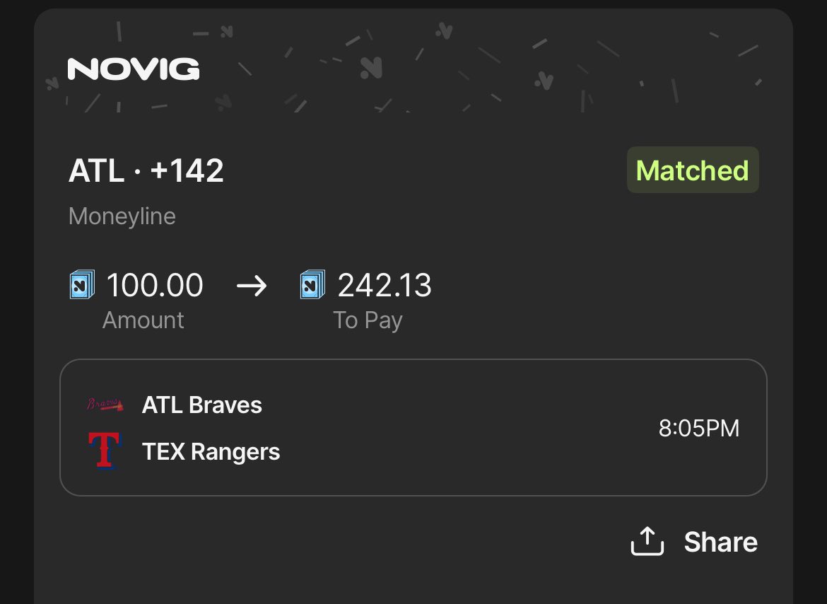 BiscoBetsEV's tweet image. MLB Play of the Day via @LineProphetLLC
Braves ML +142 on @novig_app
Model fair value: +106 ✅
Opened +140 ➡️ now down to +130 📉
Sharp money hitting ATL, more $ on Braves despite more tickets on TEX.
Low hold across sharp books (Pinnacle, Circa, Bookmaker)
To see the data…