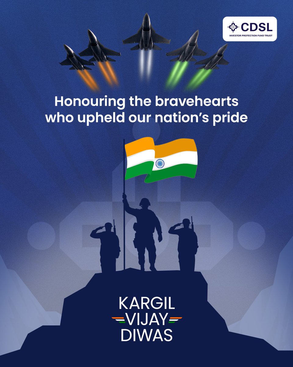 CdslIndia's tweet image. Today, we stand united in remembrance as we honor the fearless warriors of Kargil.
Their unshakable valor and relentless bravery secured our nation's pride and continues to inspire us every day. Jai Hind!
#CDSLIPF #CDSL #KargilVijayDiwas #JaiHind #ProudIndian