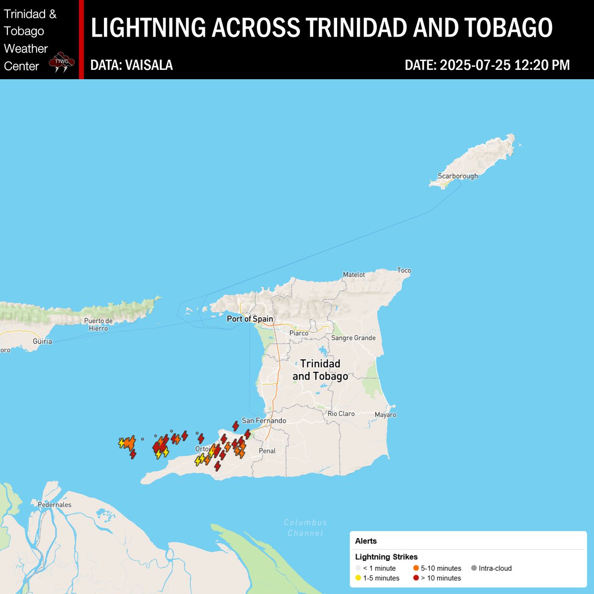 TTWeatherCenter's tweet image. Over the last 15 minutes, between 25 and 50 lightning cloud-to-ground lightning strikes have been detected across southwestern Trinidad as a cluster of thunderstorms moves west into the Gulf of Paria, producing locally heavy to violent rainfall rates and possible gusty winds.…
