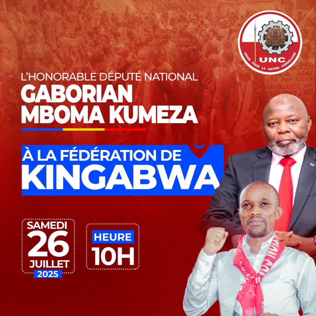 FUMUMBA Isaac (@isaacf01) on Twitter photo Dans le cadre de redynamisation du parti UNC à Kinshasa, le Sif KINSHASA l'honorable-pharmacien GABORIAN MBOMA KUMEZA sera demain samedi 26 à la fédération de Kingabwa. <a href="/GaborienM/">Gaborian Mboma kumeza</a> <a href="/VitalKamerhe1/">Vital Kamerhe</a> <a href="/BillyKambale1/">Billy Kambale</a> <a href="/Bibishe6/">Bibishe Pascaline N</a> <a href="/fatshi13/">Félix A. Tshisekedi</a> Dans le cadre de redynamisation du parti UNC à Kinshasa, le Sif KINSHASA l'honorable-pharmacien GABORIAN MBOMA KUMEZA sera demain samedi 26 à la fédération de Kingabwa. <a href="/GaborienM/">Gaborian Mboma kumeza</a> <a href="/VitalKamerhe1/">Vital Kamerhe</a> <a href="/BillyKambale1/">Billy Kambale</a> <a href="/Bibishe6/">Bibishe Pascaline N</a> <a href="/fatshi13/">Félix A. Tshisekedi</a>