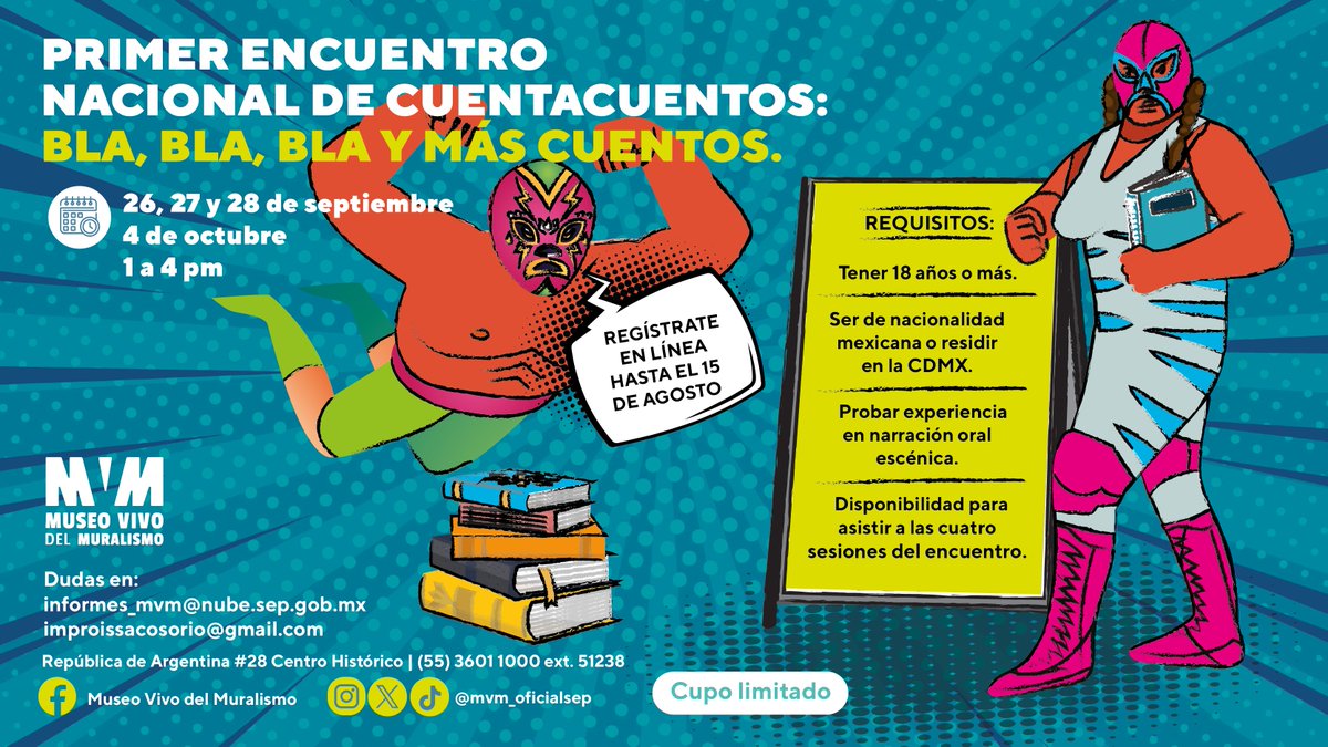 Buscamos narradores orales, cuentacuentos y artistas de la palabra. 🎤
El MVM te invita a vivir tres días de inmersión y una gran función final.🎭

👀Regístrate aquí hasta el 15 de agosto: forms.gle/Y3haNajgyHnobq…

🗣️ ¡Haz que tu voz sea escuchada y tu talento celebrado!