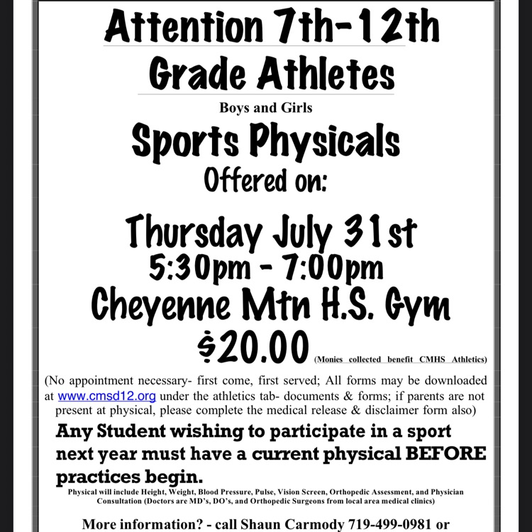 Sports Physicals @ CMHS
Main gym
July 31, 2025
5:30-7:00
$20