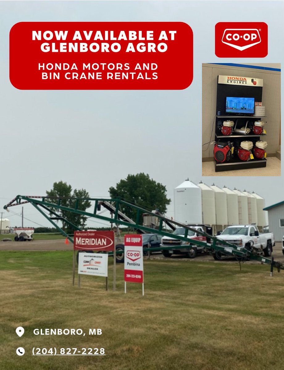 Honda Motors and Bin Crane Rentals are now available at Glenboro Agro! From reliable power to heavy lifting, we’ve got you covered. 

Stop by and see what’s new!