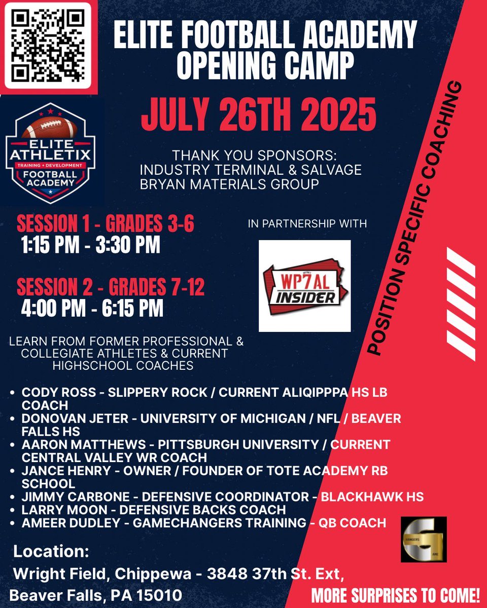 WPIAL_Insider's tweet image. Go get better THIS WEEKEND at @Elite_Athletix_! An educational football camp that will help you prepare for the season. Grades 3-12!!
This is position-specific and will be well worth your time.
Sign up below ⬇️ buy.stripe.com/aFa28r2pW2QI9k…