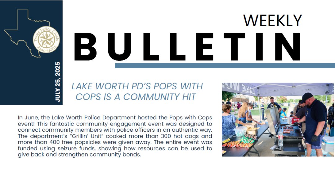 LakeWorthPD's tweet image. Pops with Cops featured in the @TXPoliceChiefs Weekly Bulletin.
After four years, our Pops with Cops event has become a summer staple in the Lake Worth Community. This organic event has no pretense or agenda. It's simply an effort to create a opportunity for us to get to know…