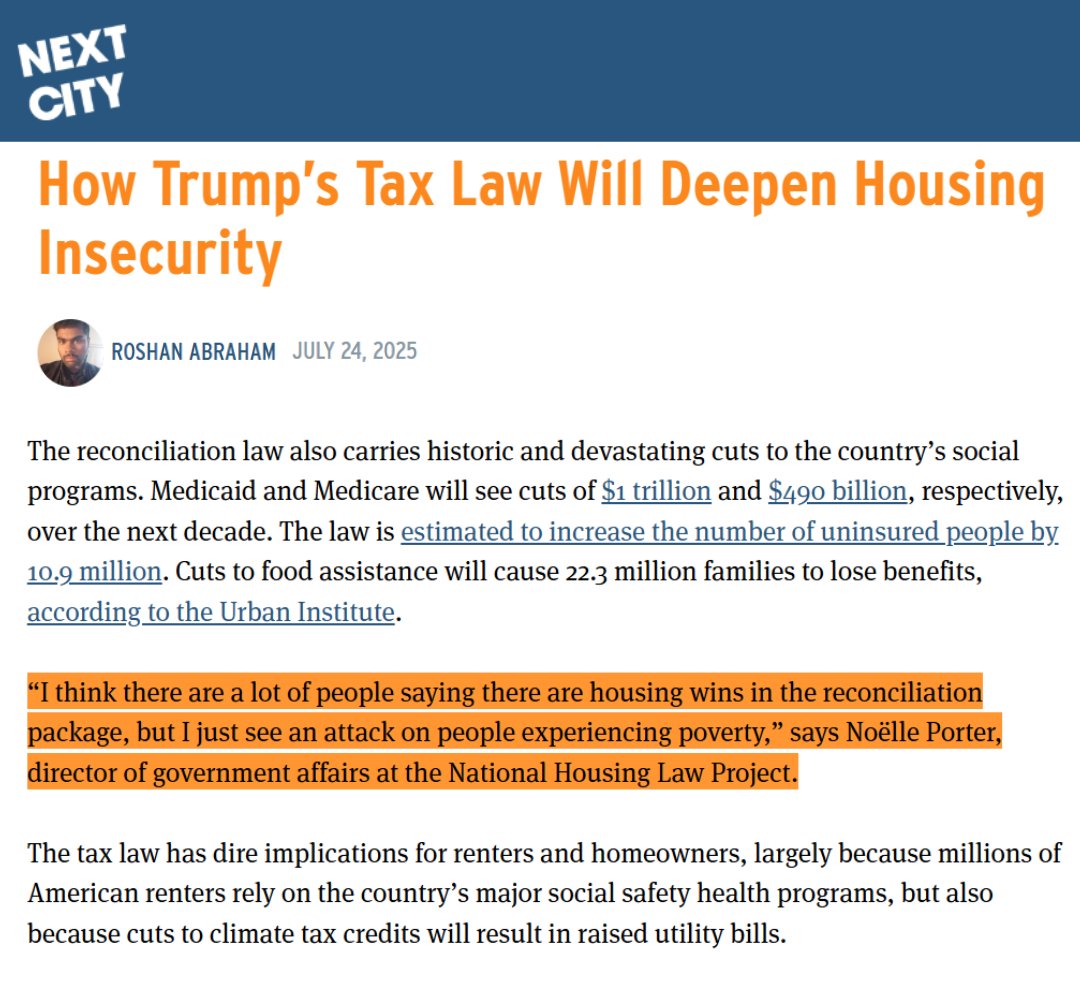 The recently passed reconciliation package took away life-saving programs for tenants who are already struggling to pay rent and cut taxes for corporations and wealthy CEO’s. This is “an attack on people experiencing poverty,” said <a href="/noe1le/">Noelle Porter</a> to <a href="/NextCityOrg/">Next City</a>.