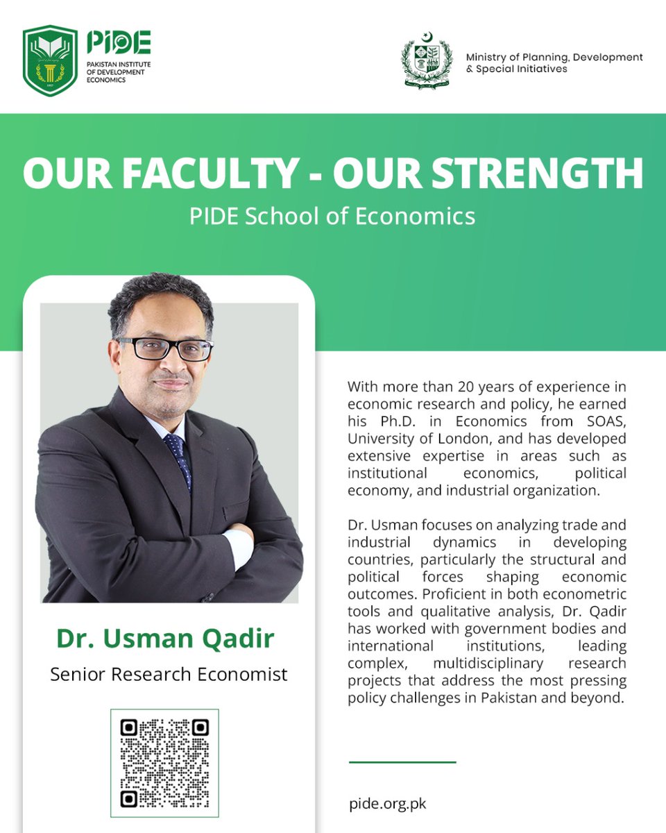 Pakistan Institute of Development Economics (PIDE) (@pidepk) on Twitter photo <a href="/PIDEpk/">Pakistan Institute of Development Economics (PIDE)</a> is the space where critical thinkers become national change makers.
Dr. Usman Qadir with over 20 years of experience, specializes in institutional economics, political economy, and trade dynamics, leading impactful research on policy challenges in Pakistan and beyond. <a href="/PIDEpk/">Pakistan Institute of Development Economics (PIDE)</a> is the space where critical thinkers become national change makers.
Dr. Usman Qadir with over 20 years of experience, specializes in institutional economics, political economy, and trade dynamics, leading impactful research on policy challenges in Pakistan and beyond.