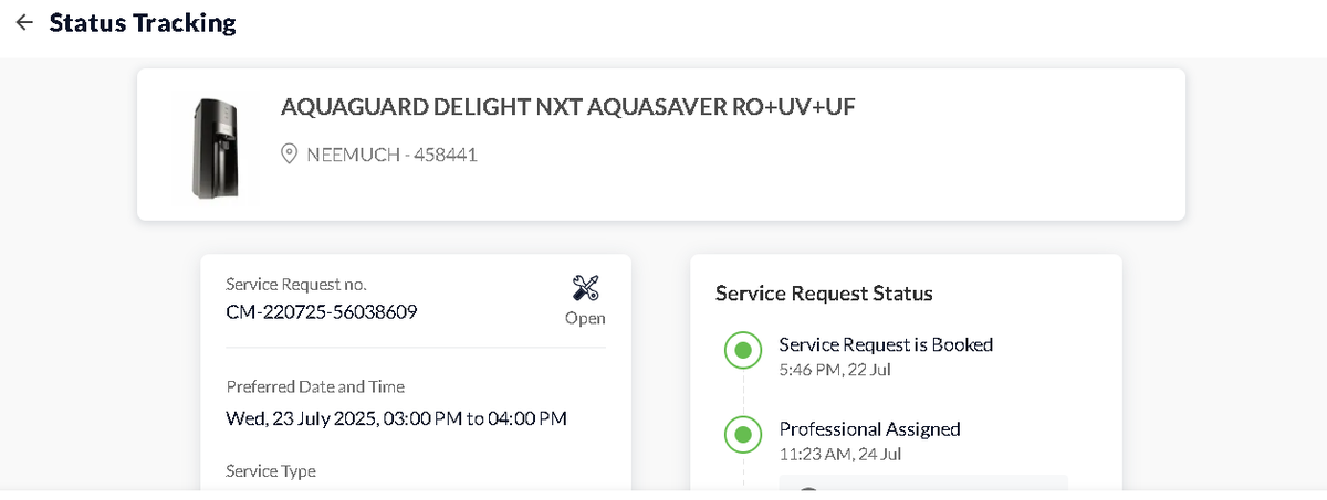 jayant802's tweet photo. @EurekaForbes I ordered a water purifier from amazon on dated 12/7/2025 and the product was received on 18/07/2025 but still installation is pending , i am regularly follow-up from your customer care but no response
CM-180725-55753720 on 19/07/25 and CM-180725-5575372 on 22/07/25 https://t.co/98rgLOL0Kg