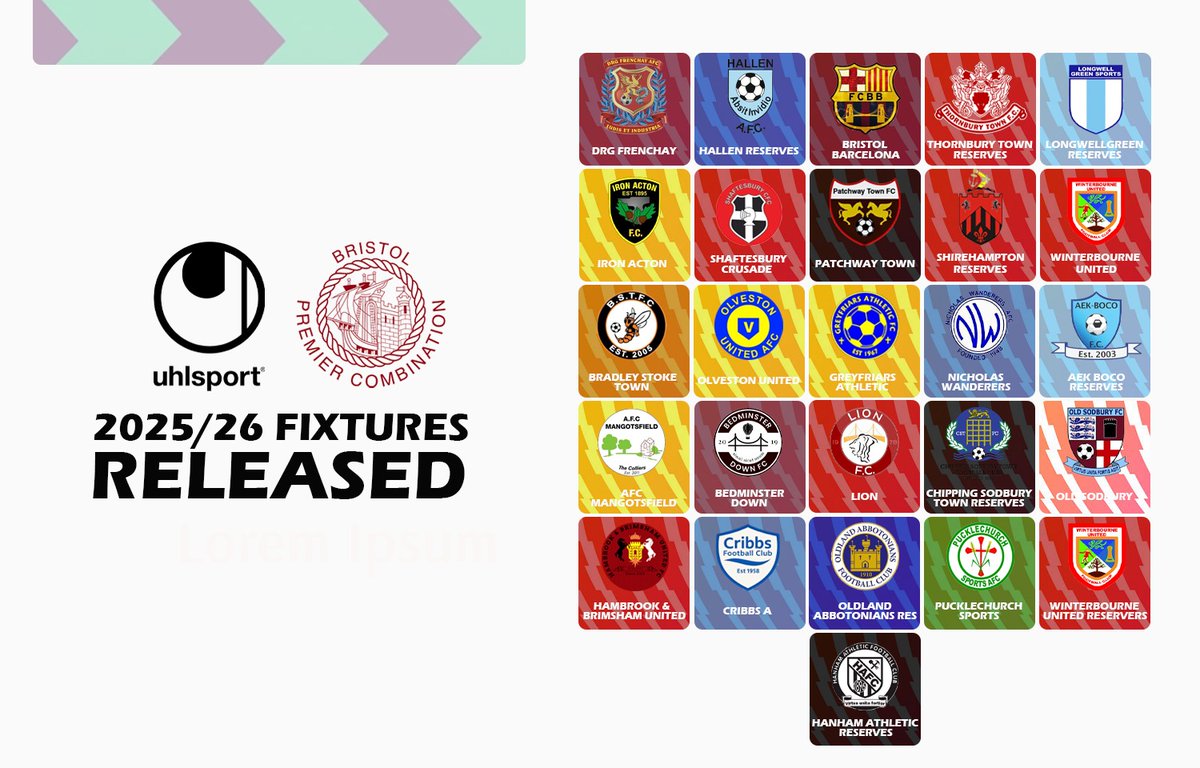 Bristol Premier Combination (@_bpcl) on Twitter photo 25/26 Uhlsport Bristol Premier Combination League Fixtures (will be displayed on FA Fulltime shortly)
<a href="/UPTHEDURGE/">DRG Frenchay</a> <a href="/HallenFC/">Hแดสสแดษด AFC ๐</a> <a href="/BristolBarcaFC/">Bristol Barcelona FC</a> <a href="/thornburytownfc/">Thornbury Town FC</a> <a href="/LongwellGreenFC/">Longwell Green Sports FC</a> <a href="/acton_iron/">Iron Acton FC</a> <a href="/UpTheShaz/">Shaftesbury Crusaders FC</a> <a href="/OfficialShireFC/">Shirehampton FC ๐ดโ ๏ธ</a> <a href="/UtdWinterbourne/">Winterbourne United</a> <a href="/BSTFC/">BSTFC</a> <a href="/OlvestonFC/">Olveston United FC</a> <a href="/greyfriarsafc/">Greyfriars Athletic</a> <a href="/the_wands/">Nicholas Wanderers AFC</a> 25/26 Uhlsport Bristol Premier Combination League Fixtures (will be displayed on FA Fulltime shortly)
<a href="/UPTHEDURGE/">DRG Frenchay</a> <a href="/HallenFC/">Hแดสสแดษด AFC ๐</a> <a href="/BristolBarcaFC/">Bristol Barcelona FC</a> <a href="/thornburytownfc/">Thornbury Town FC</a> <a href="/LongwellGreenFC/">Longwell Green Sports FC</a> <a href="/acton_iron/">Iron Acton FC</a> <a href="/UpTheShaz/">Shaftesbury Crusaders FC</a> <a href="/OfficialShireFC/">Shirehampton FC ๐ดโ ๏ธ</a> <a href="/UtdWinterbourne/">Winterbourne United</a> <a href="/BSTFC/">BSTFC</a> <a href="/OlvestonFC/">Olveston United FC</a> <a href="/greyfriarsafc/">Greyfriars Athletic</a> <a href="/the_wands/">Nicholas Wanderers AFC</a>