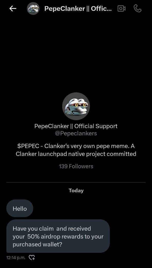 Pepeclanker's tweet image. 🚨 Scam Alert 🚨
There are fake Pepe Clanker profiles going around sending messages. Please report and block any suspicious accounts.
The ONLY official X account is: @Pepeclanker
We will never ask you for tokens, money, or personal info. Stay safe. 🐸🤖