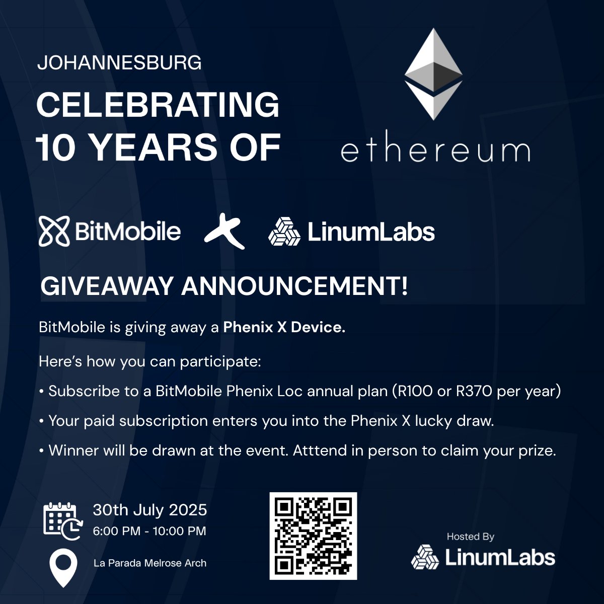 Linum Labs (@linumlabs) on Twitter photo 🎉10 years of Ethereum <a href="/BitMobileTech/">BitMobile Tech</a> GIVEAWAY!
Subscribe to a Phenix Loc plan & get your ticket to win a Phenix X device.
Here: 👉 phenixloc.fnvt.net/#/register
🏆 Winner drawn live at the Jo’burg Eth event. Be there to claim it!
Event registration:lu.ma/257iqtka 🎉10 years of Ethereum <a href="/BitMobileTech/">BitMobile Tech</a> GIVEAWAY!
Subscribe to a Phenix Loc plan & get your ticket to win a Phenix X device.
Here: 👉 phenixloc.fnvt.net/#/register
🏆 Winner drawn live at the Jo’burg Eth event. Be there to claim it!
Event registration:lu.ma/257iqtka