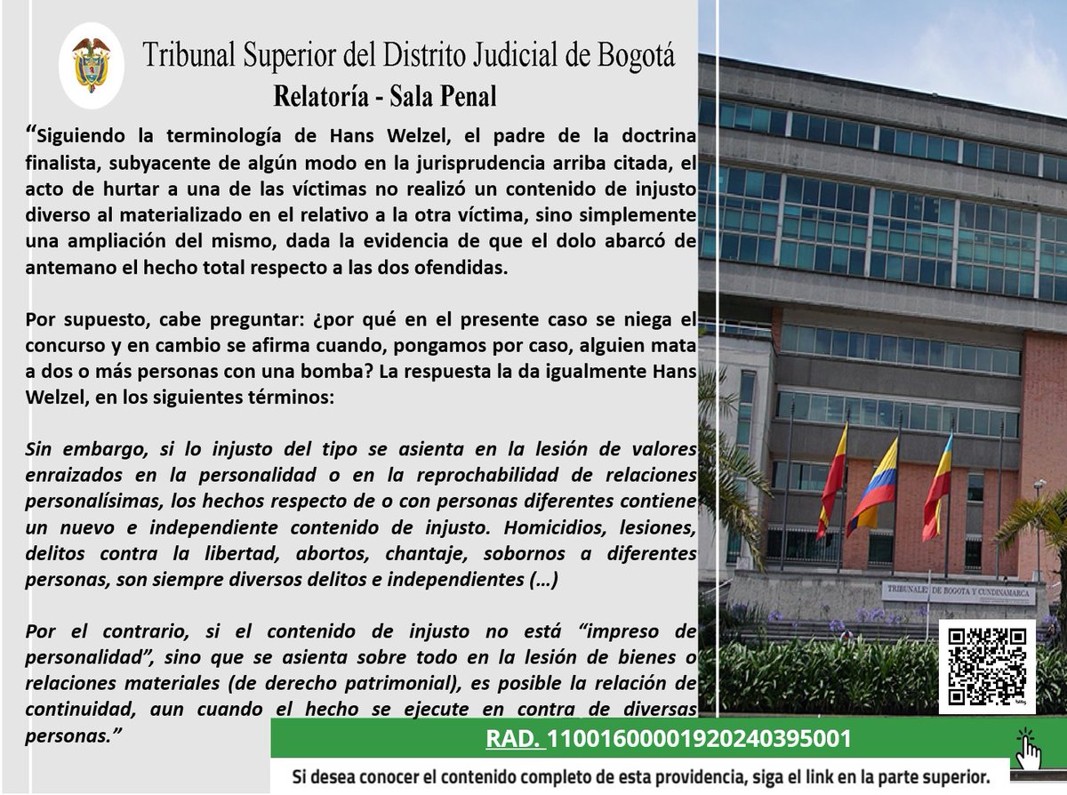 RelatoriaPenal's tweet photo. Sala Penal del Tribunal Superior de Bogotá aplica teoría finalista de Welzel para corregir error en calificación de concurso en hurto calificado, como quiera que se quebrantó el principio de legalidad.
Descarga aquí: https://t.co/iGC8qHK2O4 https://t.co/DpDFP2hxo7